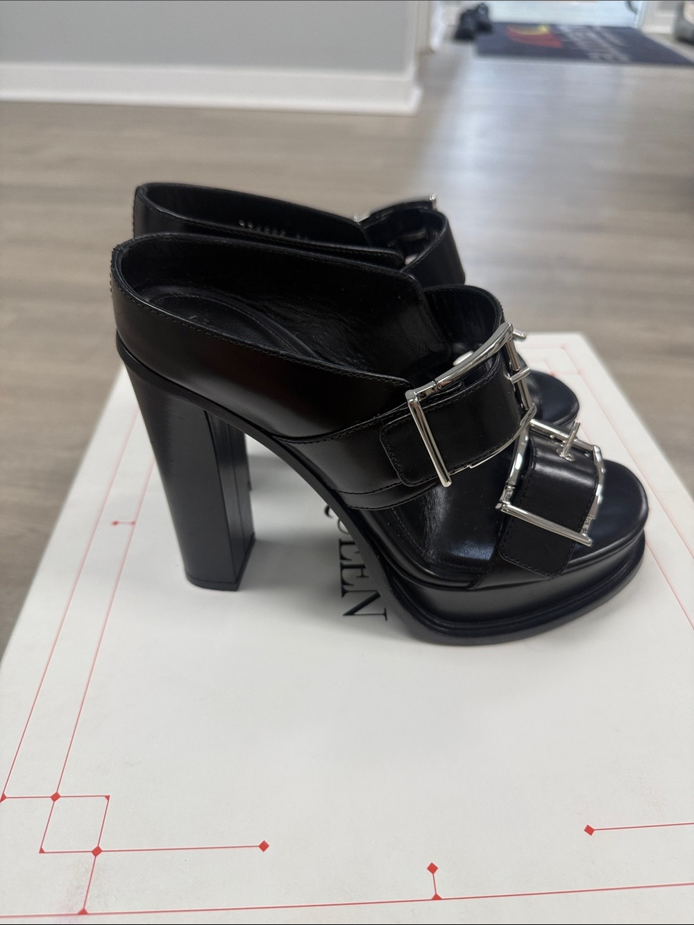 Alexander McQueen Black Leather Buckle Platform Heels - Picture 3 of 7